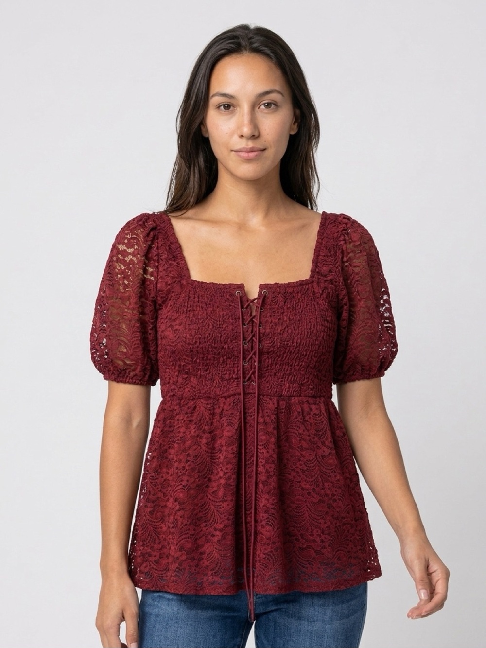 torrid Wine Lace Peplum Puff-Sleeve Square Neck Top